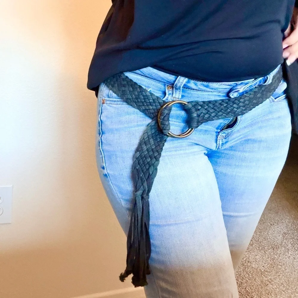 Handmade woven belt with tassle, black, coated cotton rope, size M